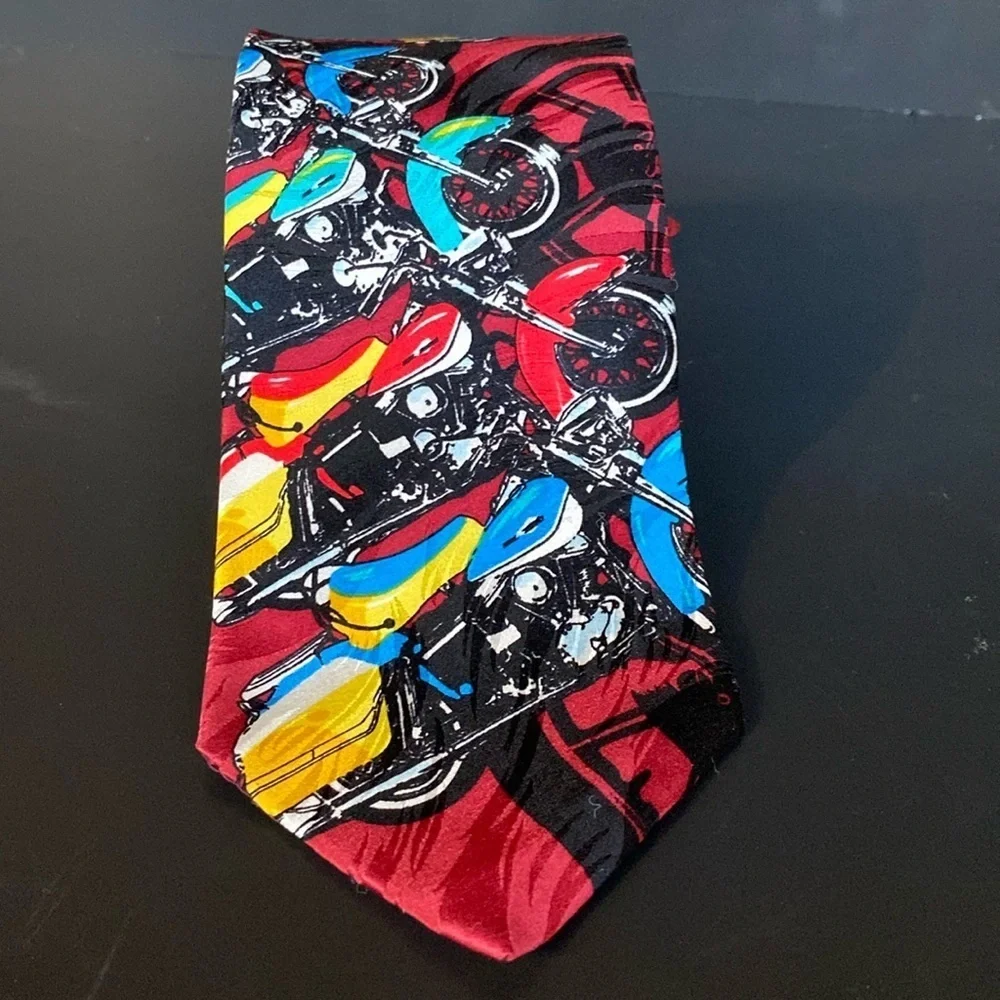 Harley Davidson Ralph Marlin Neon Tanks 1993 Line Up Silk Tie Biker Red Blue